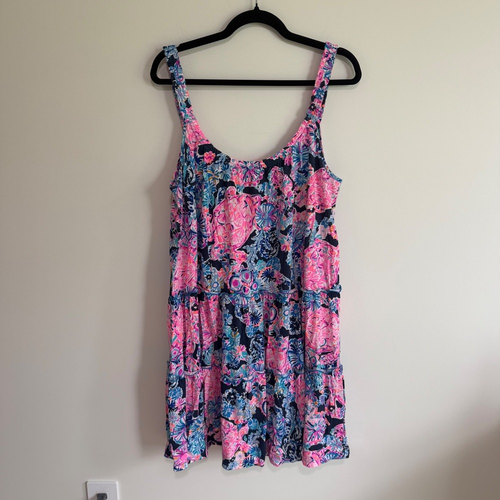 Lilly Pulitzer XL Pink Blue Floral Tiered Cotton Sleeveless Mini Dress